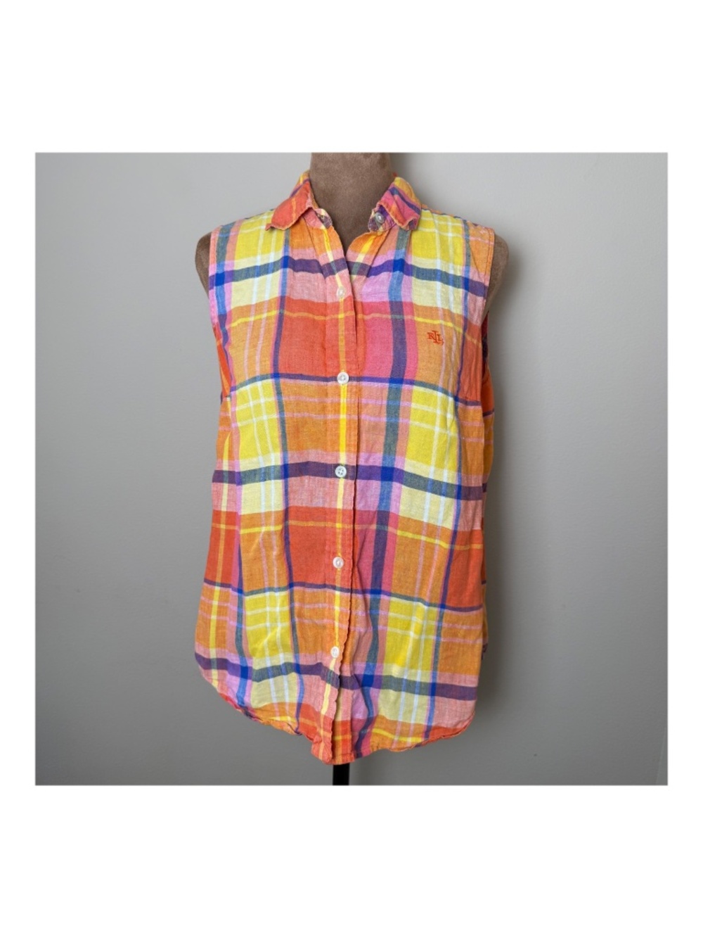 Vintage Lauren Ralph Lauren 100% Linen Shirt Womens Medium Colorful Plaid Top